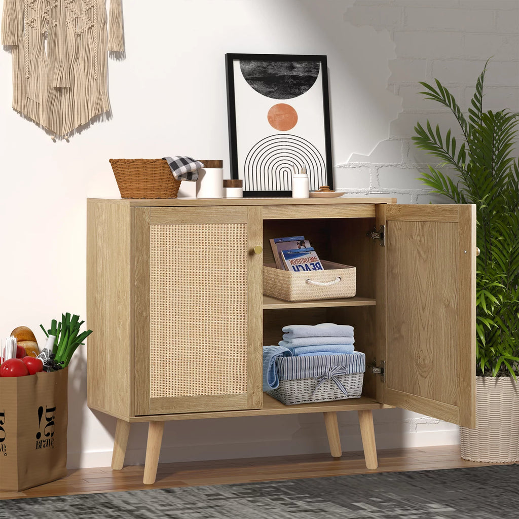 2-Doors Accent Cabinet Sideboard with Pine Wood Legs Rattan Cabinet Cupboard O6988