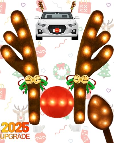 Christmas Reindeer Antlers Car Decoration Kit with LED Lights Nose and Jingle Bells T523