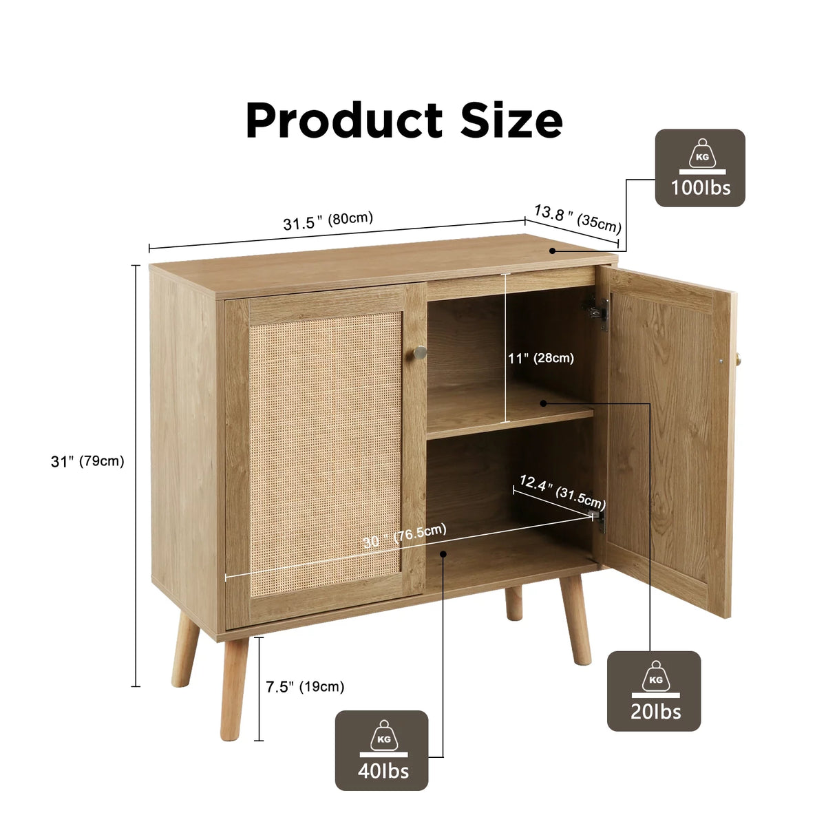2-Doors Accent Cabinet Sideboard with Pine Wood Legs Rattan Cabinet Cupboard O6988