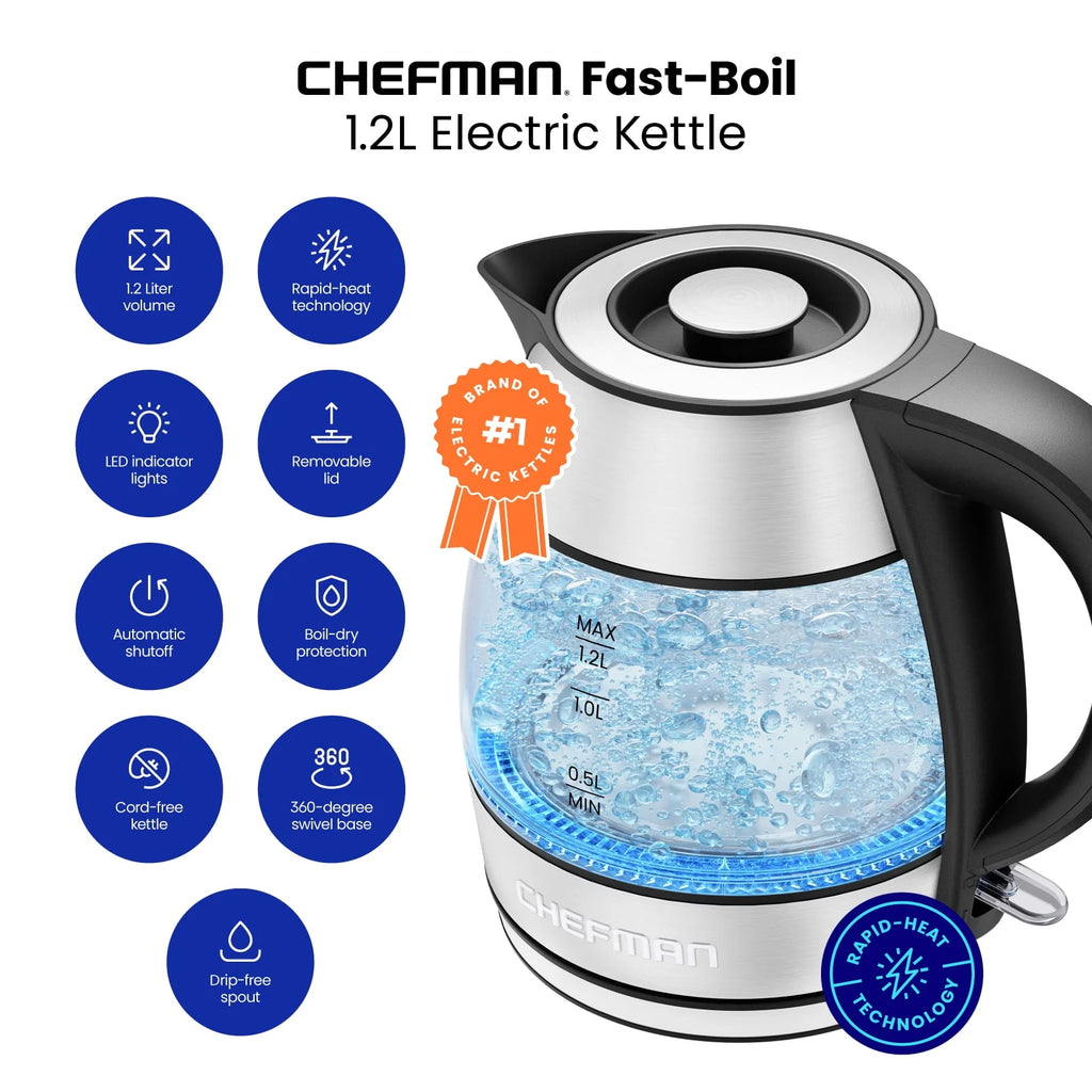 Glass Kettle, 1.2 Liter, 1500 Watts, Stainless Steel Q43049