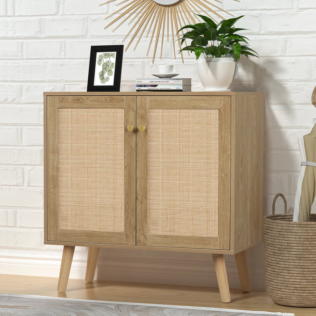 2-Doors Accent Cabinet Sideboard with Pine Wood Legs Rattan Cabinet Cupboard O6988