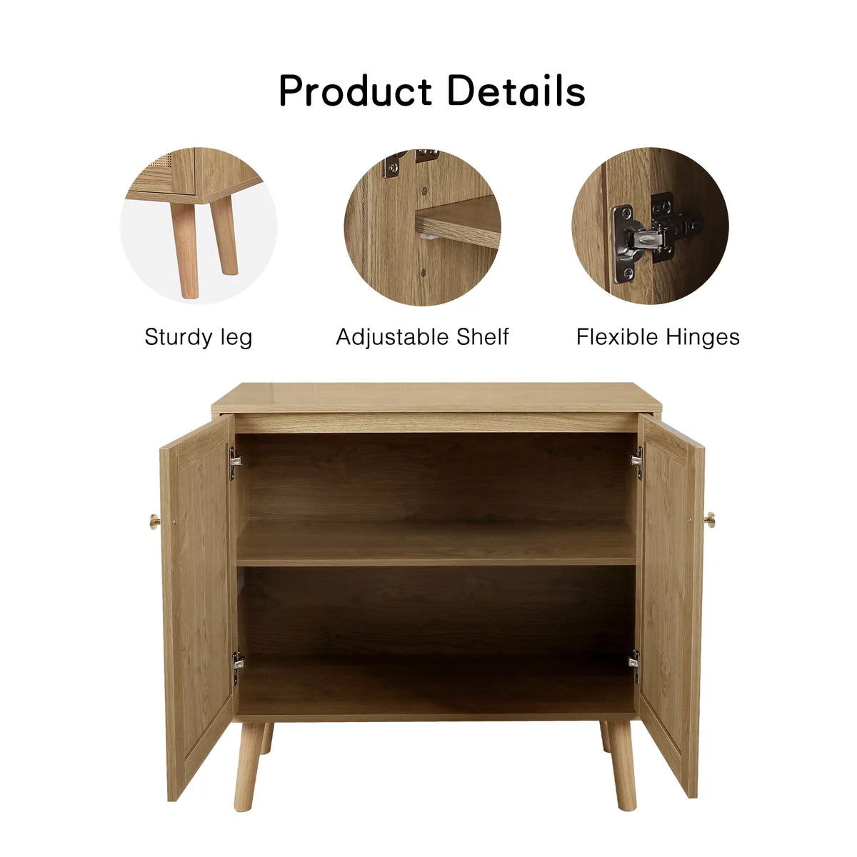 2-Doors Accent Cabinet Sideboard with Pine Wood Legs Rattan Cabinet Cupboard O6988