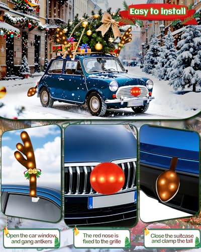 Christmas Reindeer Antlers Car Decoration Kit with LED Lights Nose and Jingle Bells T523
