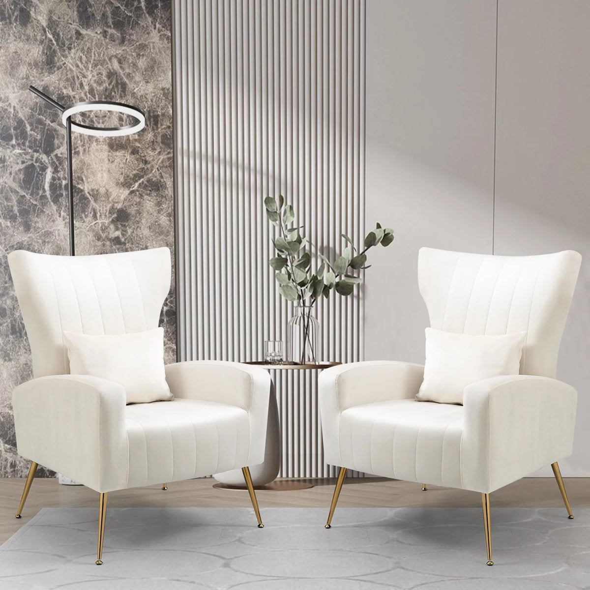 White Velvet Accent Chair with Lumbar Pillow D844252