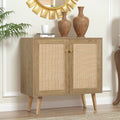 2-Doors Accent Cabinet Sideboard with Pine Wood Legs Rattan Cabinet Cupboard O6988