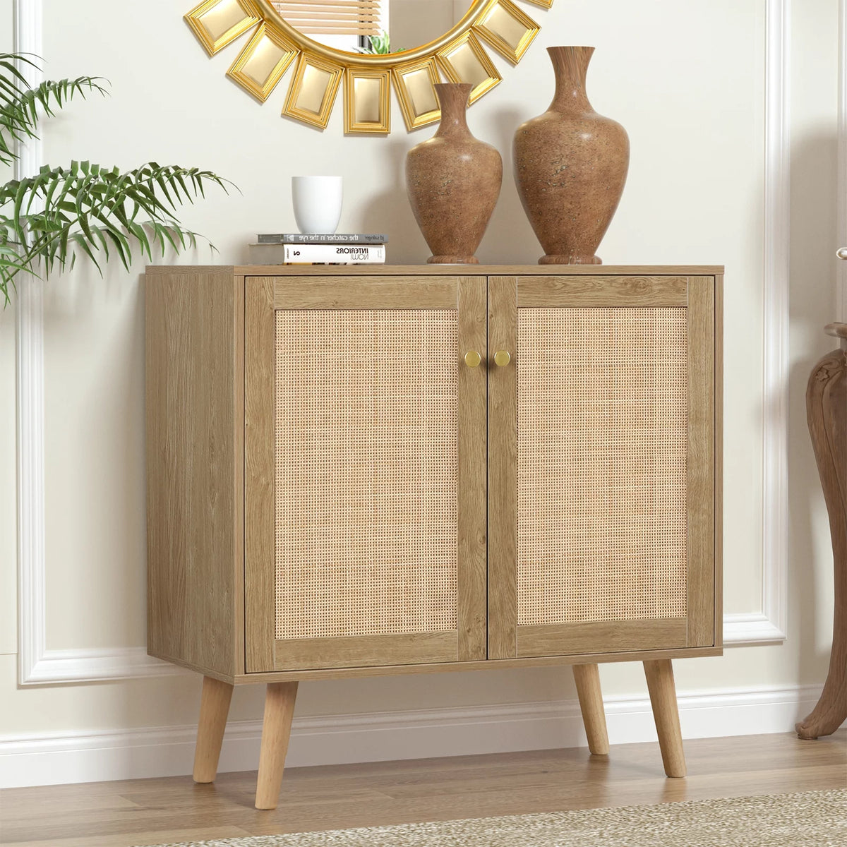 2-Doors Accent Cabinet Sideboard with Pine Wood Legs Rattan Cabinet Cupboard O6988
