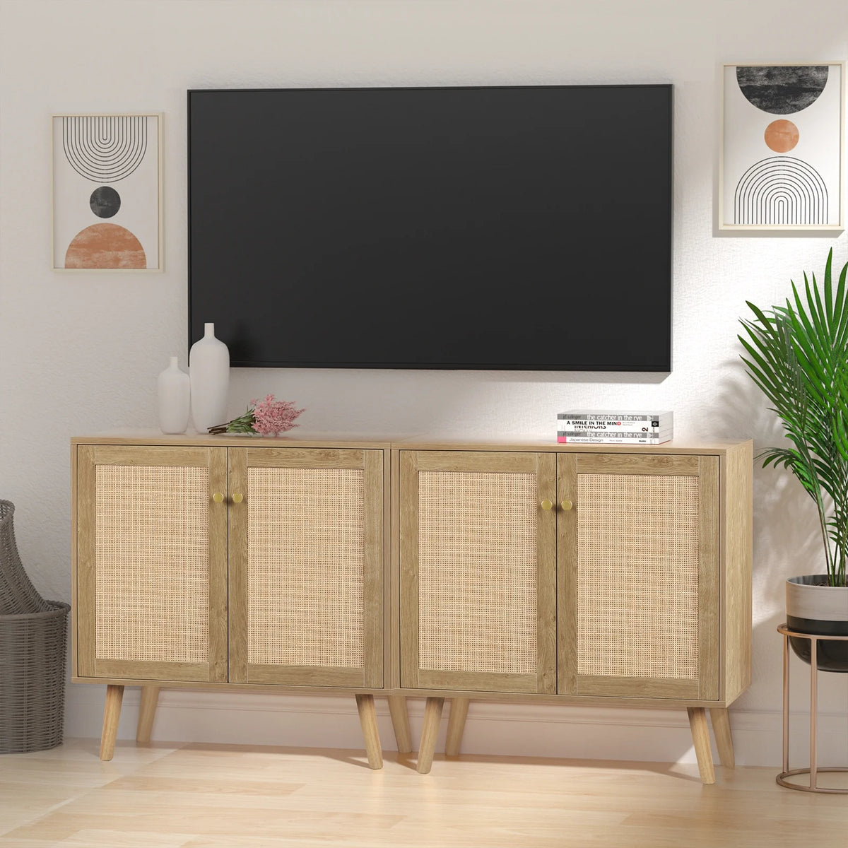 2-Doors Accent Cabinet Sideboard with Pine Wood Legs Rattan Cabinet Cupboard O6988